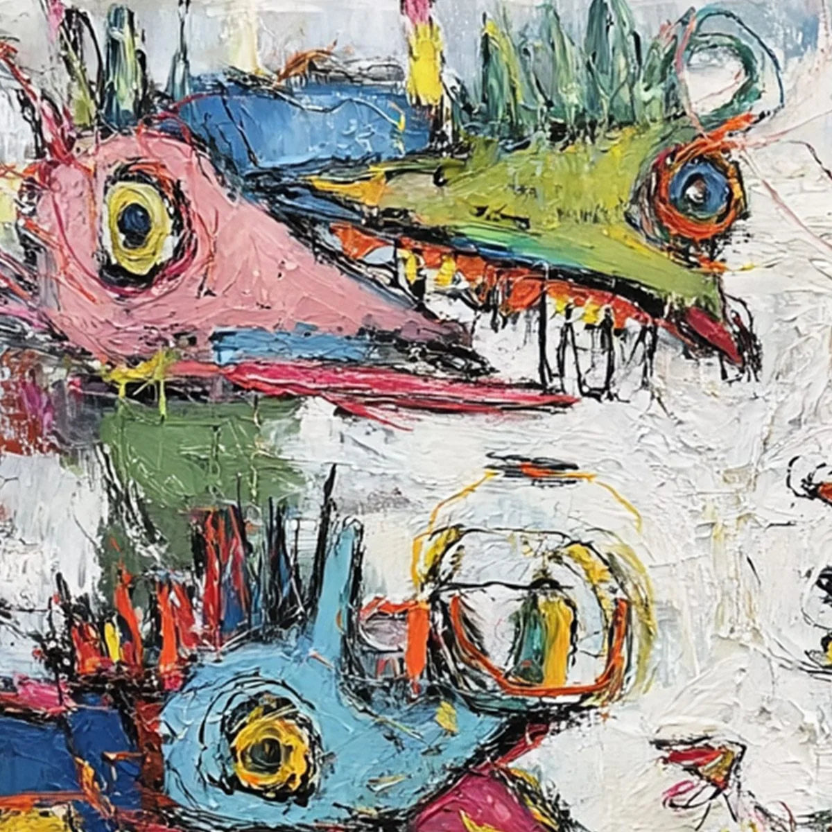 CREATURE CARNIVAL: Colorful Abstract Impasto Painting with Whimsical Figures | rectangular format, hand-painted canvas edge