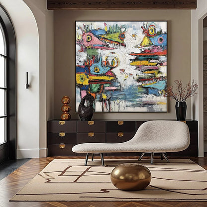 CREATURE CARNIVAL: Colorful Abstract Impasto Painting with Whimsical Figures | gold frame stretched on neutral wall