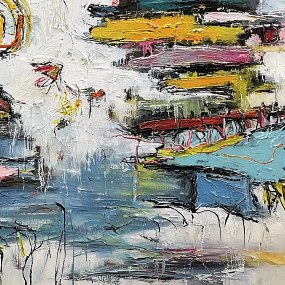 CREATURE CARNIVAL: Colorful Abstract Impasto Painting with Whimsical Figures | rolled canvas, ready for custom framing
