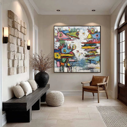 CREATURE CARNIVAL: Colorful Abstract Impasto Painting with Whimsical Figures | black frame version on white wall