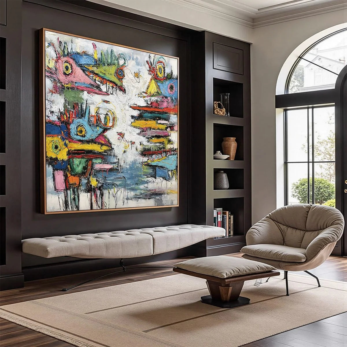 CREATURE CARNIVAL: Colorful Abstract Impasto Painting with Whimsical Figures | Abstract mood, soft natural light studio shot