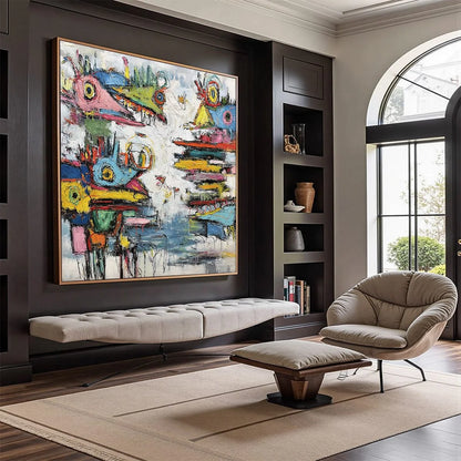 CREATURE CARNIVAL: Colorful Abstract Impasto Painting with Whimsical Figures | Abstract mood, soft natural light studio shot