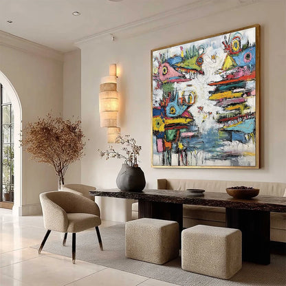 CREATURE CARNIVAL: Colorful Abstract Impasto Painting with Whimsical Figures | beige palette, original Hand-painted on premium stretched canvas using artist-grade oils; rich layered surface combine...