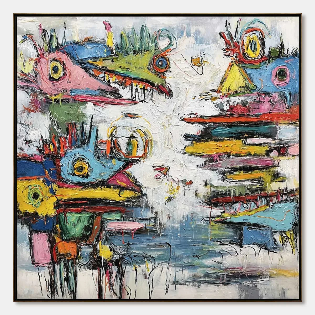 CREATURE CARNIVAL: Colorful Abstract Impasto Painting with Whimsical Figures | hanging in CREATURE CARNIVAL: Colorful Abstract Impasto Painting with Whimsical Figures featuring layered textured bru...