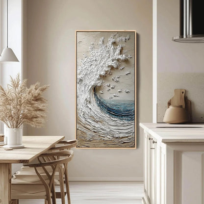 Crescendo | Textured Coastal Wave Impasto Original Oil Painting | gold frame stretched on neutral wall
