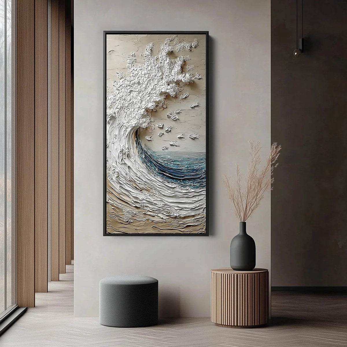 Crescendo | Textured Coastal Wave Impasto Original Oil Painting | black frame version on white wall