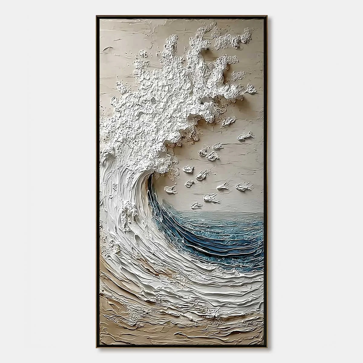 Crescendo | Textured Coastal Wave Impasto Original Oil Painting | hanging in Crescendo | Textured Coastal Wave Impasto Original Oil Painting featuring layered textured brushwork in refined tones; a...