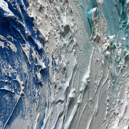 CRESTING WAVE: Textured Abstract Ocean Wave Painting in Blue and White | rectangular format, hand-painted canvas edge