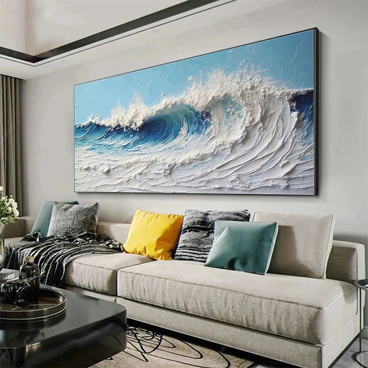 CRESTING WAVE: Textured Abstract Ocean Wave Painting in Blue and White | gold frame stretched on neutral wall