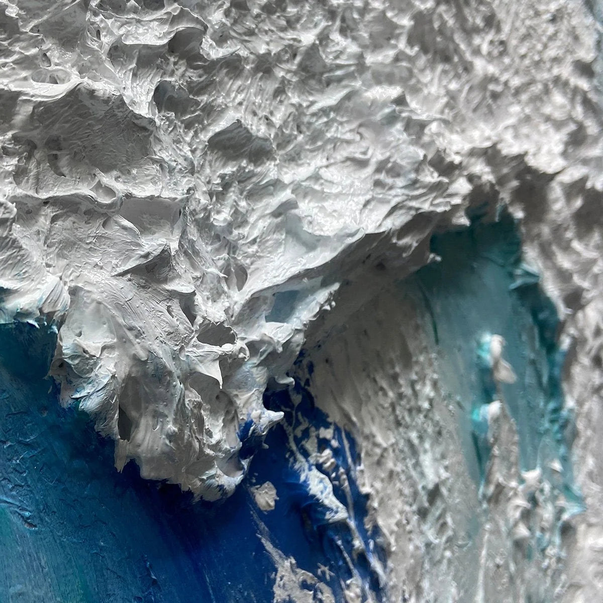 CRESTING WAVE: Textured Abstract Ocean Wave Painting in Blue and White | black frame version on white wall