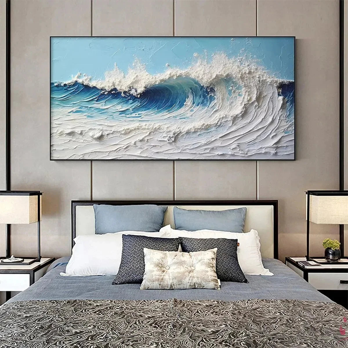 CRESTING WAVE: Textured Abstract Ocean Wave Painting in Blue and White | Abstract mood, soft natural light studio shot