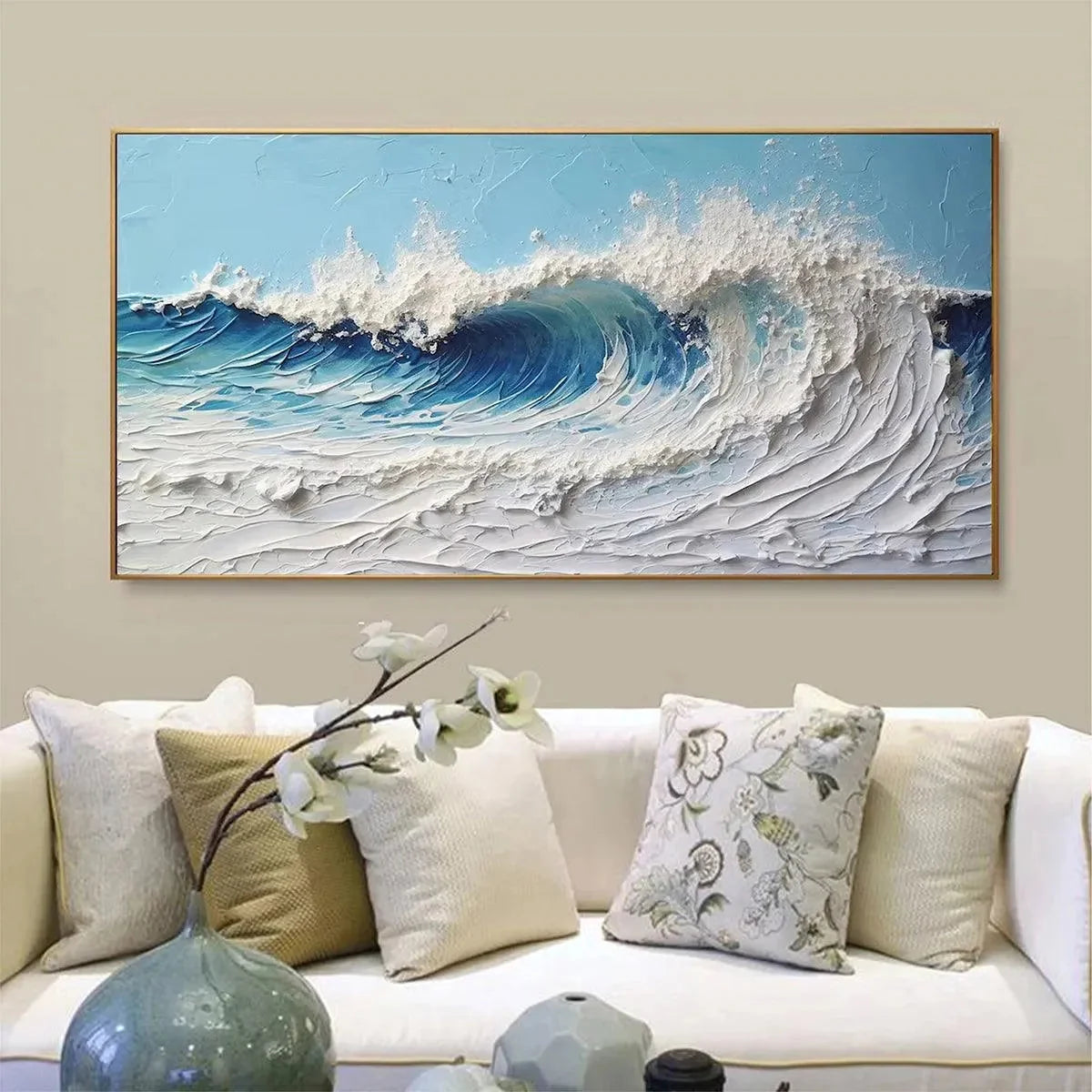 CRESTING WAVE: Textured Abstract Ocean Wave Painting in Blue and White | blue palette, original Hand-painted on premium stretched canvas using artist-grade oils; rich layered surface combines smoot...