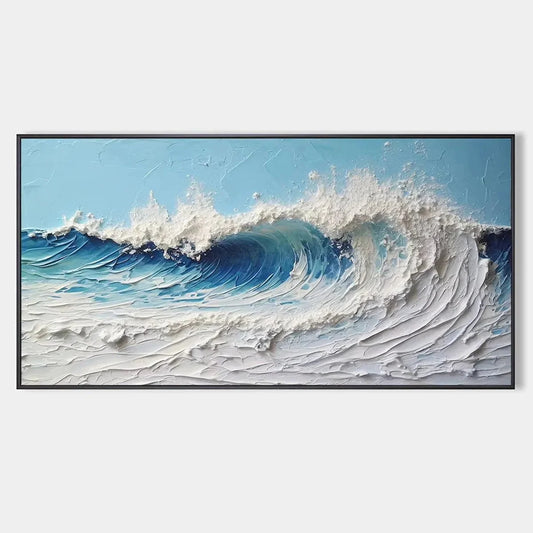 CRESTING WAVE: Textured Abstract Ocean Wave Painting in Blue and White | hanging in CRESTING WAVE: Textured Abstract Ocean Wave Painting in Blue and White featuring layered textured brushwork in re...