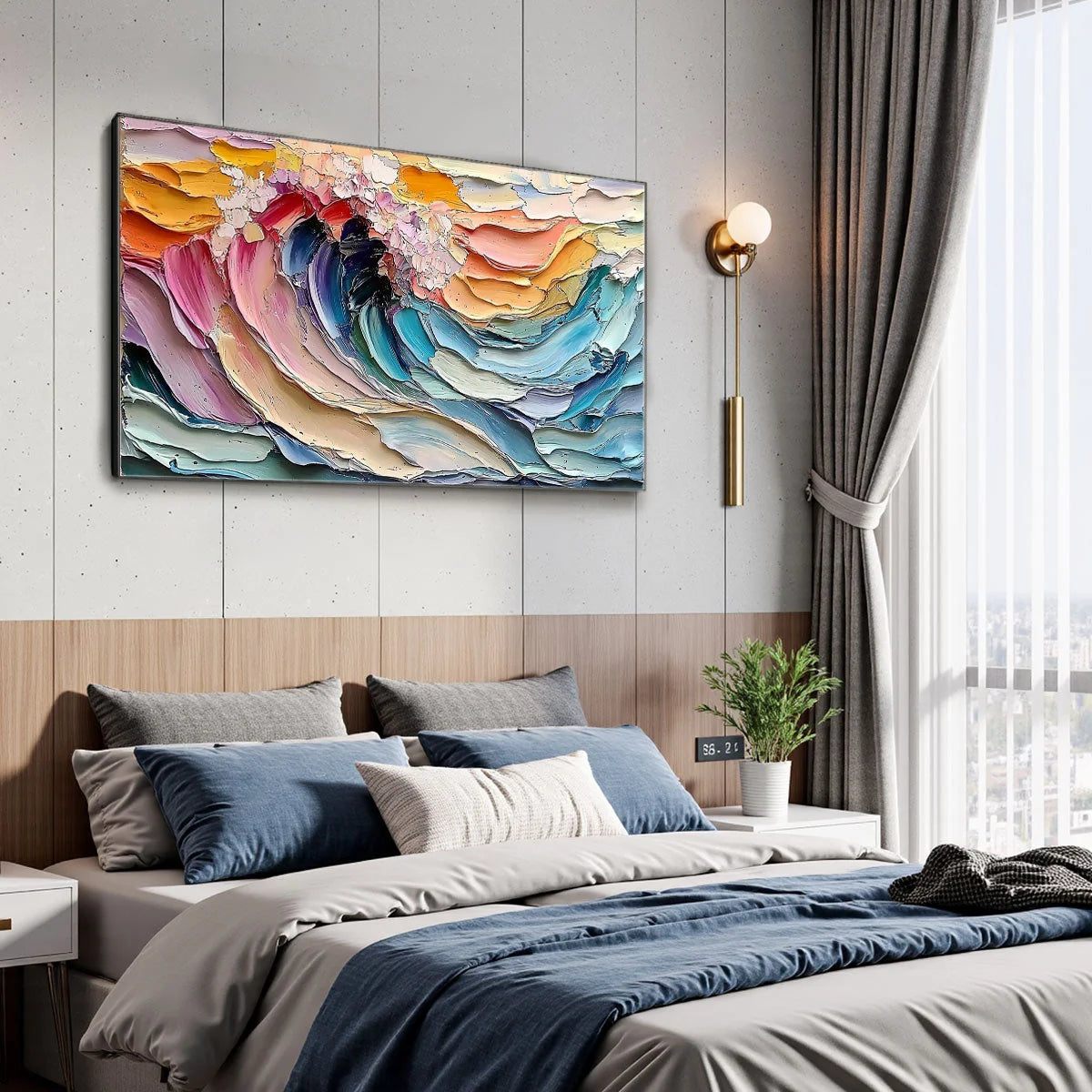 CRESTING WAVE: Textured Impasto Ocean Wave Oil Painting | gold frame stretched on neutral wall