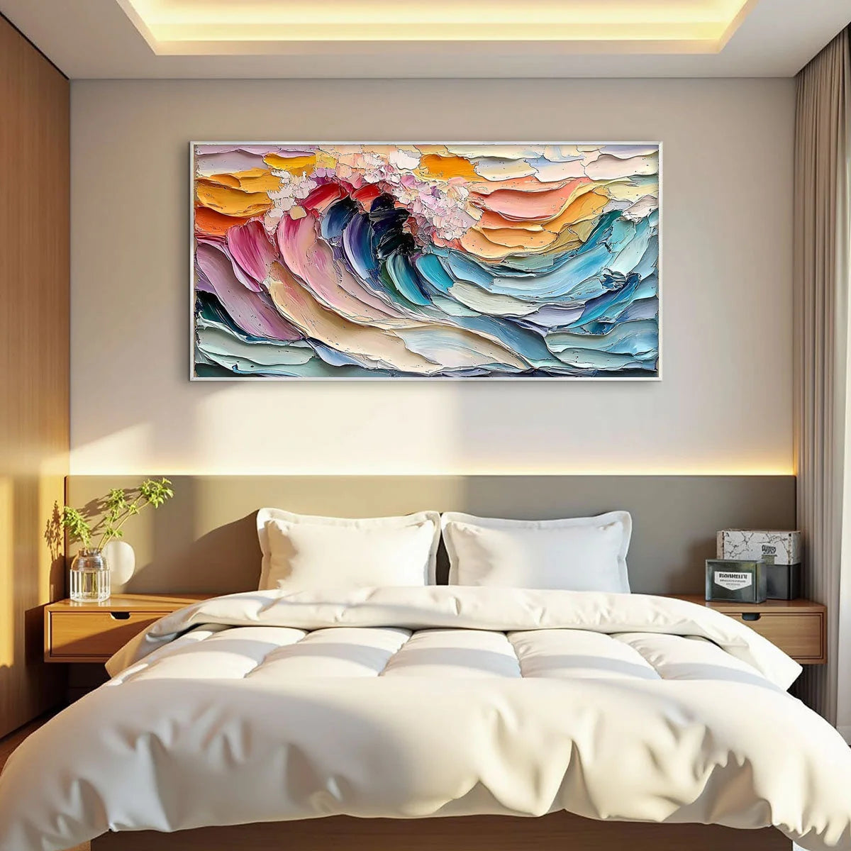 CRESTING WAVE: Textured Impasto Ocean Wave Oil Painting | black frame version on white wall