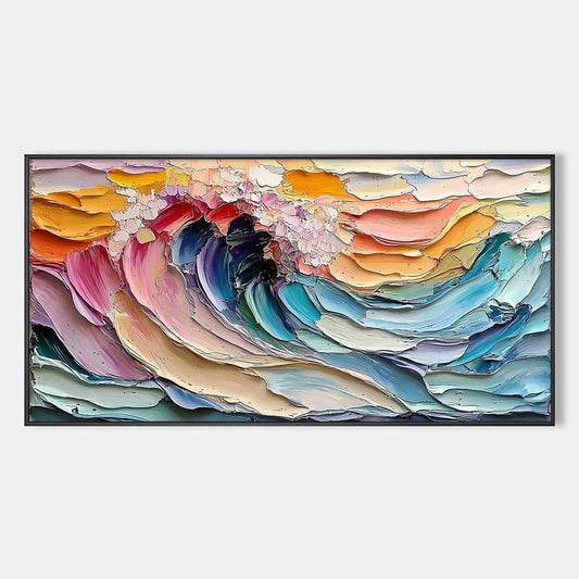 CRESTING WAVE: Textured Impasto Ocean Wave Oil Painting | hanging in CRESTING WAVE: Textured Impasto Ocean Wave Oil Painting featuring layered textured brushwork in refined tones; abstract composit...