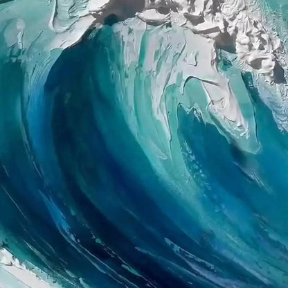 CRESTING WAVE: Textured Ocean Painting, Turquoise Wave Wall Art, Panoramic Canvas, Seascape Decor | rectangular format, hand-painted canvas edge