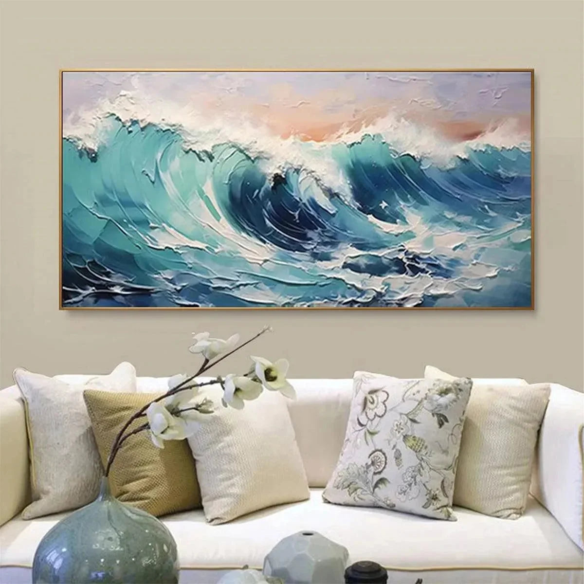 CRESTING WAVE: Textured Ocean Painting, Turquoise Wave Wall Art, Panoramic Canvas, Seascape Decor | gold frame stretched on neutral wall