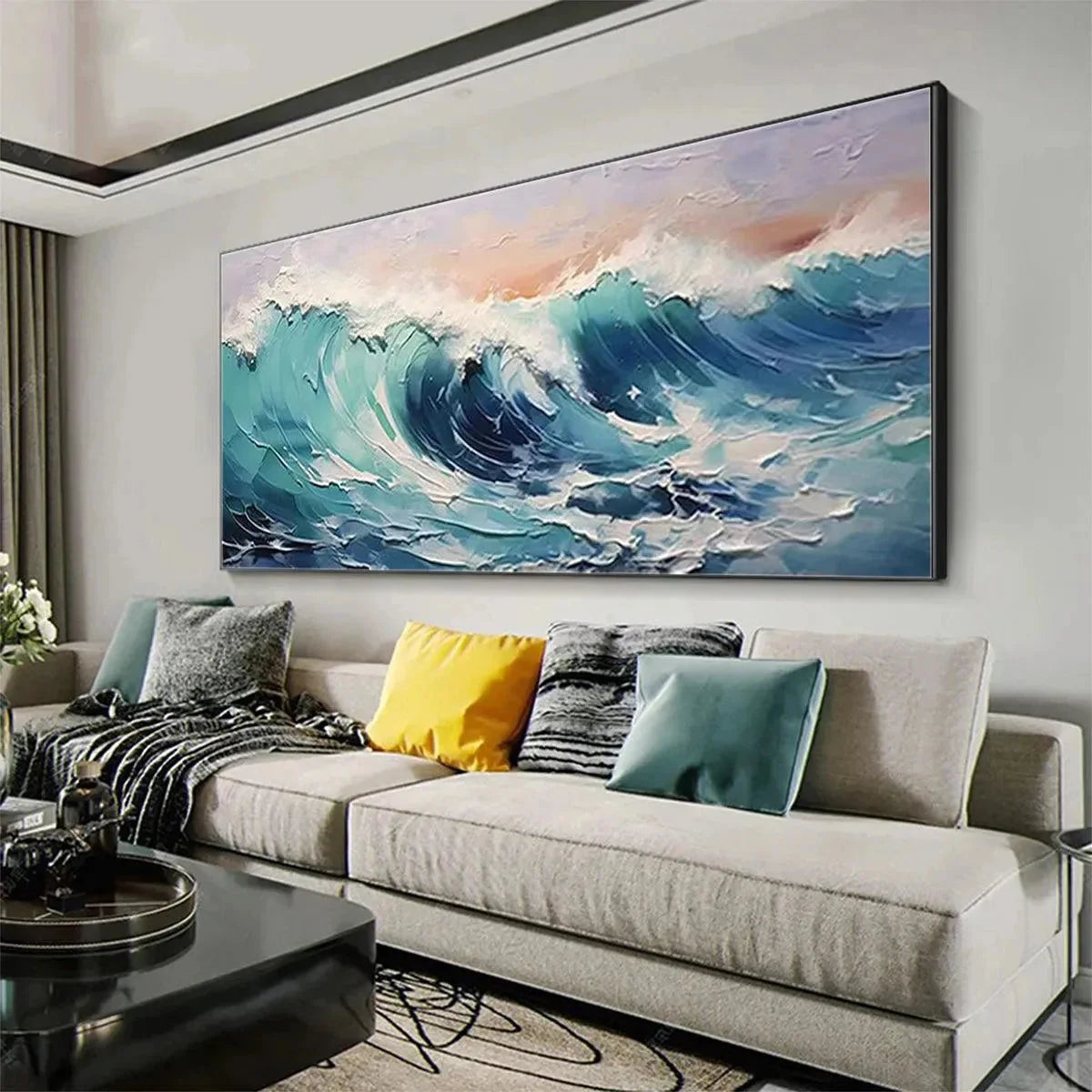 CRESTING WAVE: Textured Ocean Painting, Turquoise Wave Wall Art, Panoramic Canvas, Seascape Decor | rolled canvas, ready for custom framing