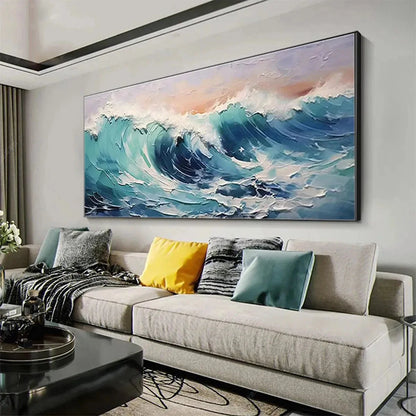 CRESTING WAVE: Textured Ocean Painting, Turquoise Wave Wall Art, Panoramic Canvas, Seascape Decor | rolled canvas, ready for custom framing
