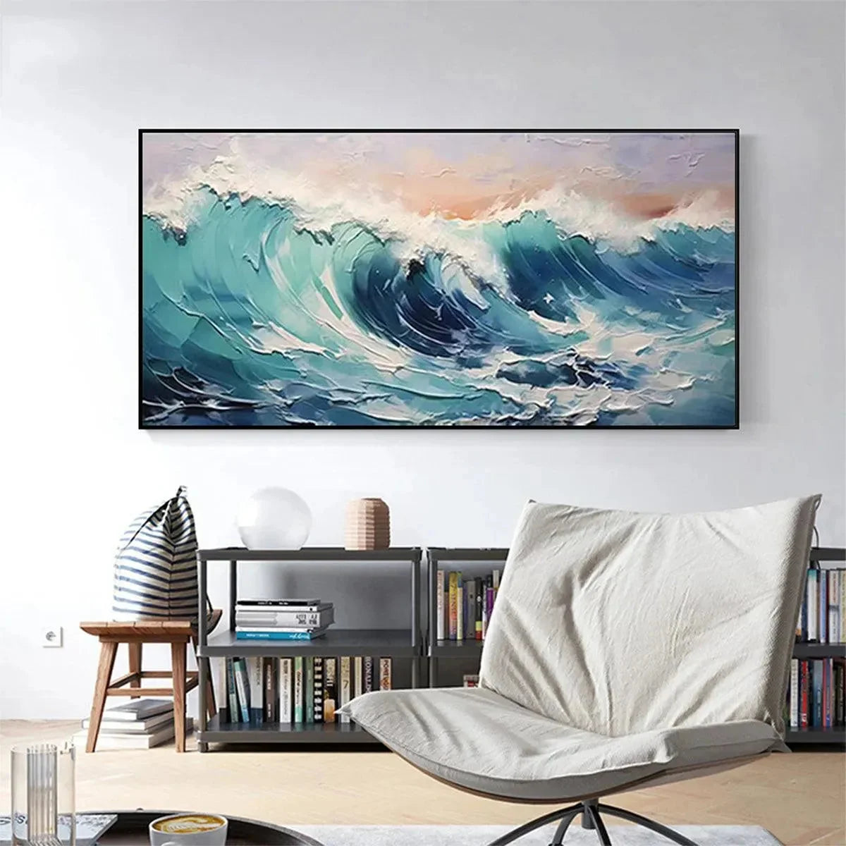CRESTING WAVE: Textured Ocean Painting, Turquoise Wave Wall Art, Panoramic Canvas, Seascape Decor | Abstract mood, soft natural light studio shot