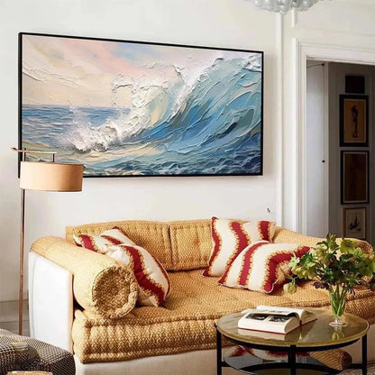 CRESTING WAVE: Textured Seascape Painting | gold frame stretched on neutral wall