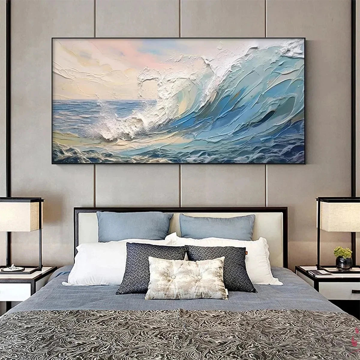 CRESTING WAVE: Textured Seascape Painting | blue palette, original Hand-painted on premium stretched canvas using artist-grade oils; rich layered surface combines smooth gradients with tactile impa...