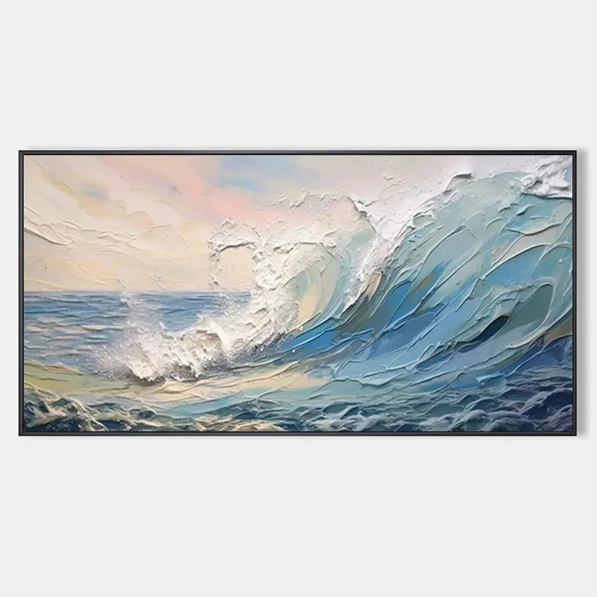 CRESTING WAVE: Textured Seascape Painting | hanging in CRESTING WAVE: Textured Seascape Painting featuring layered textured brushwork in refined tones; abstract composition with rich palette-knife ...