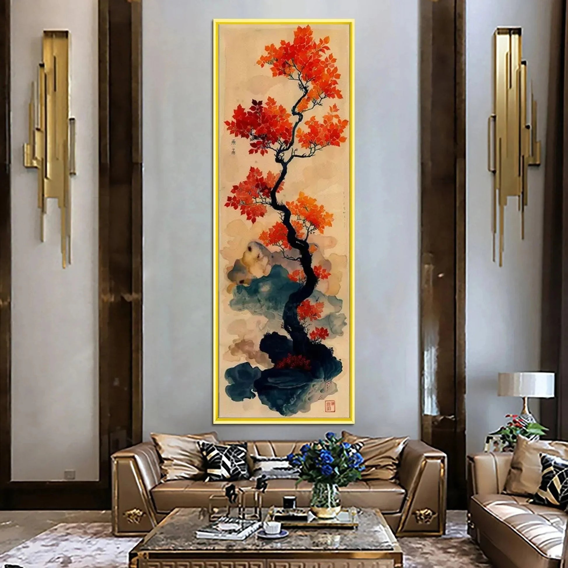 CRIMSON AUTUMN BONSAI: Tree Painting, Vertical Wall Art, Asian Decor | Abstract closeup, raised brushwork detail