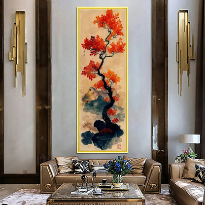 CRIMSON AUTUMN BONSAI: Tree Painting, Vertical Wall Art, Asian Decor | Abstract closeup, raised brushwork detail