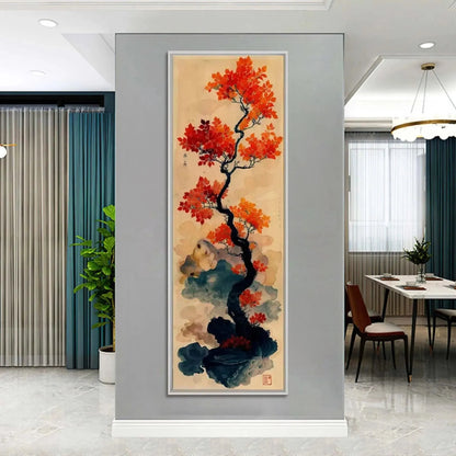 CRIMSON AUTUMN BONSAI: Tree Painting, Vertical Wall Art, Asian Decor | gold frame stretched on neutral wall