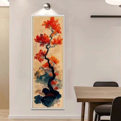 CRIMSON AUTUMN BONSAI: Tree Painting, Vertical Wall Art, Asian Decor | rolled canvas, ready for custom framing