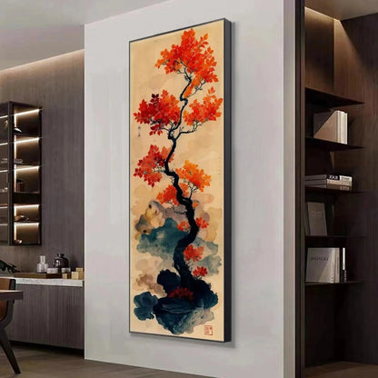CRIMSON AUTUMN BONSAI: Tree Painting, Vertical Wall Art, Asian Decor | Abstract mood, soft natural light studio shot