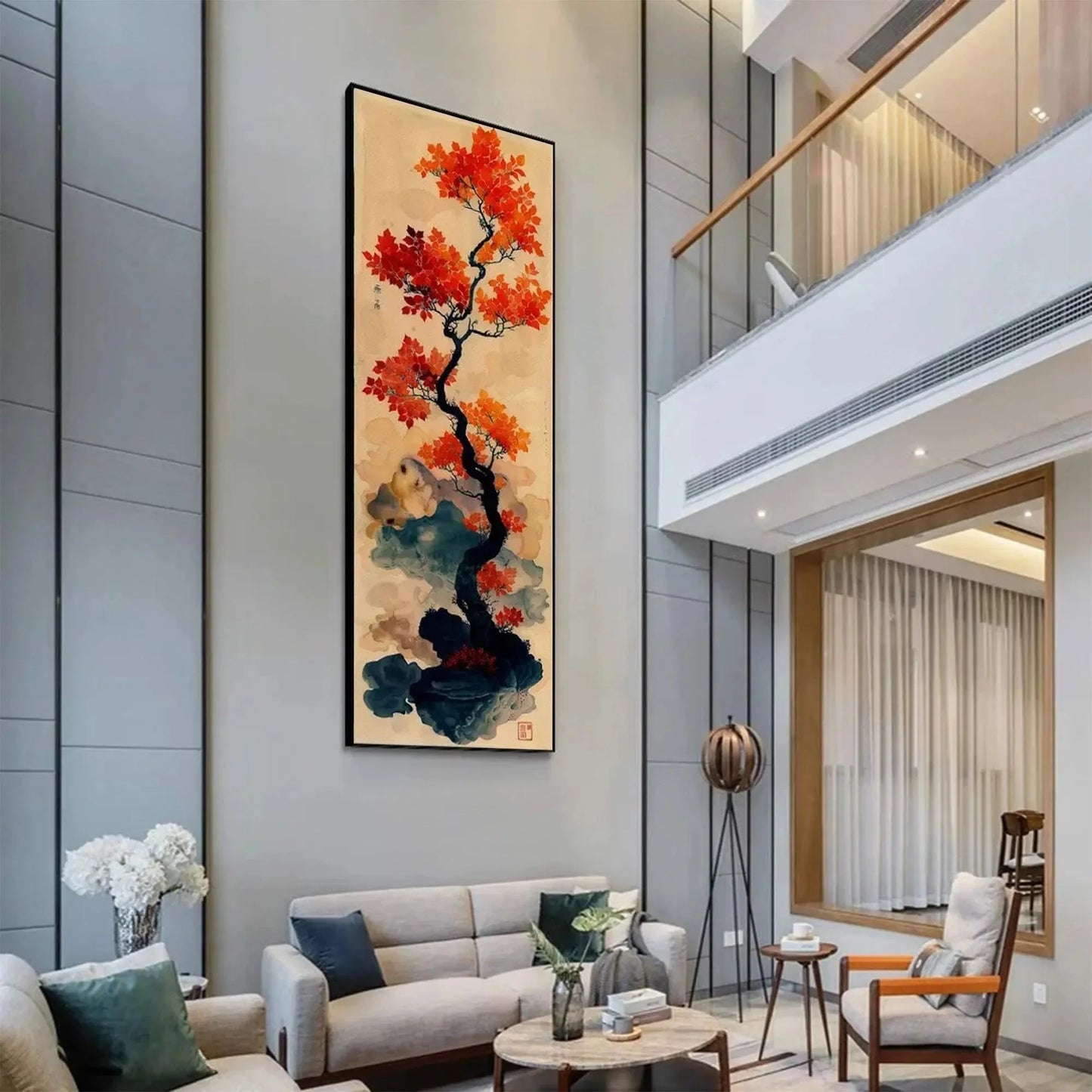 CRIMSON AUTUMN BONSAI: Tree Painting, Vertical Wall Art, Asian Decor | green palette, original Hand-painted on premium stretched canvas using artist-grade oils; rich layered surface combines smooth...