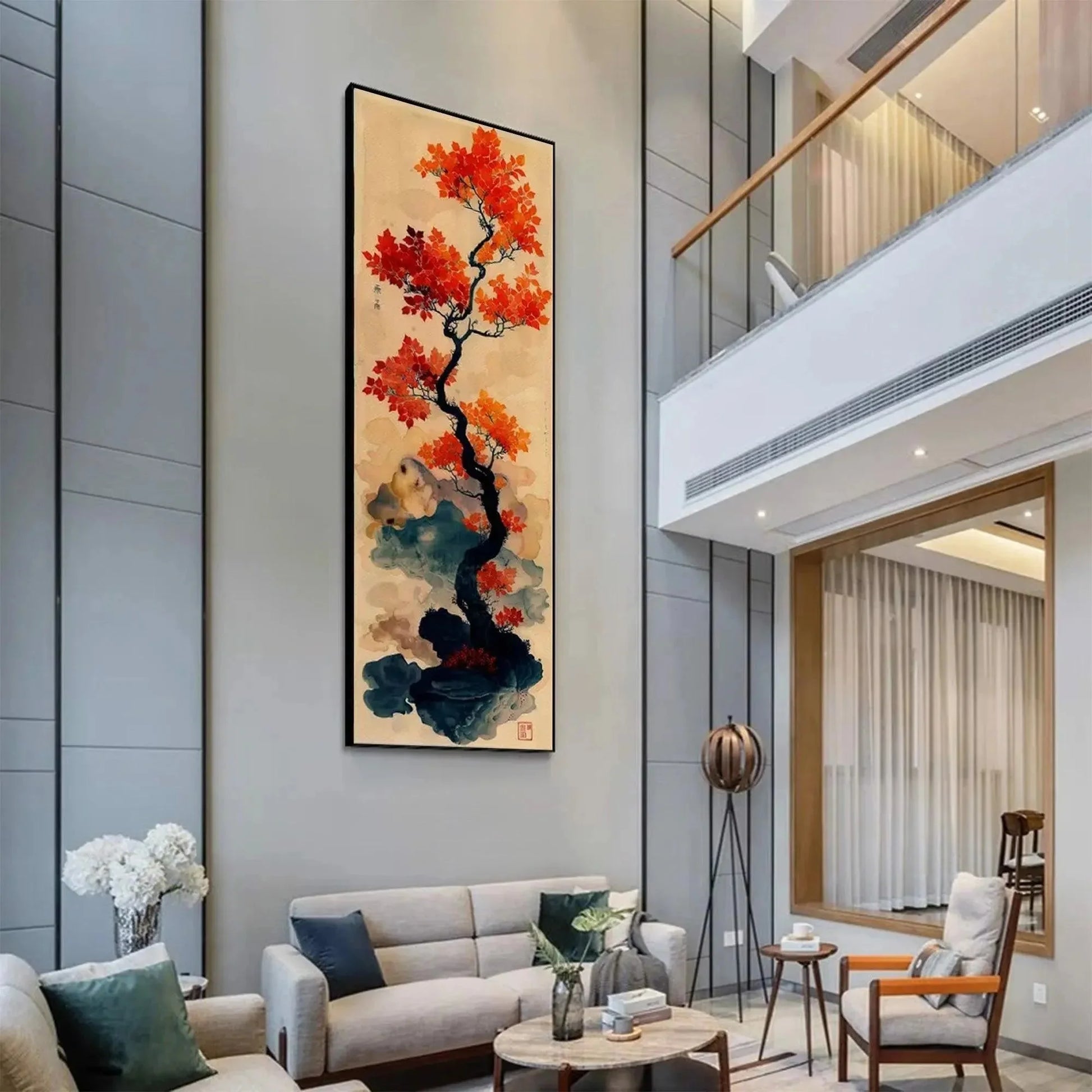 CRIMSON AUTUMN BONSAI: Tree Painting, Vertical Wall Art, Asian Decor | green palette, original Hand-painted on premium stretched canvas using artist-grade oils; rich layered surface combines smooth...
