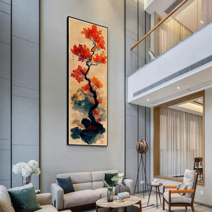CRIMSON AUTUMN BONSAI: Tree Painting, Vertical Wall Art, Asian Decor | green palette, original Hand-painted on premium stretched canvas using artist-grade oils; rich layered surface combines smooth...