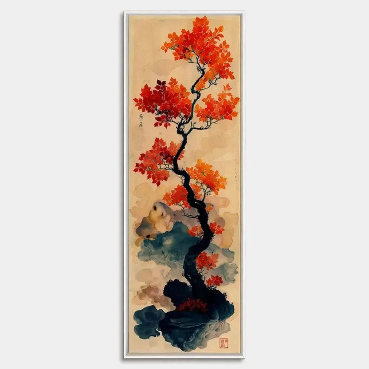 CRIMSON AUTUMN BONSAI: Tree Painting, Vertical Wall Art, Asian Decor | hanging in CRIMSON AUTUMN BONSAI: Tree Painting, Vertical Wall Art, Asian Decor featuring layered textured brushwork in refine...