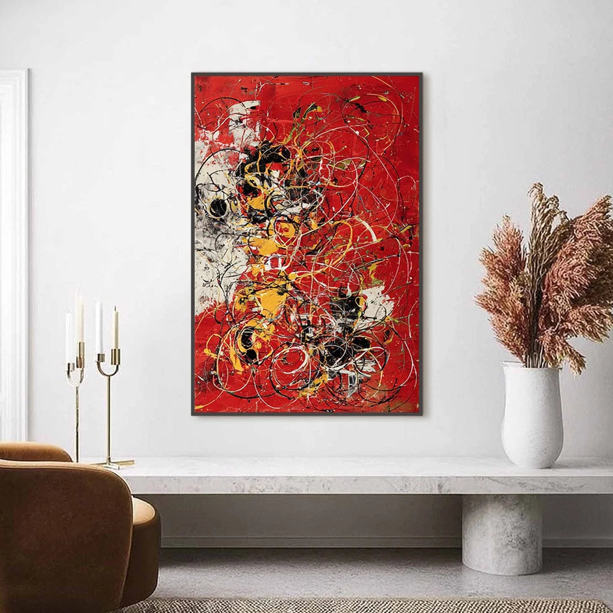 CRIMSON CHAOS: Large Vertical Red and Black Abstract Action Painting | Abstract closeup, raised brushwork detail