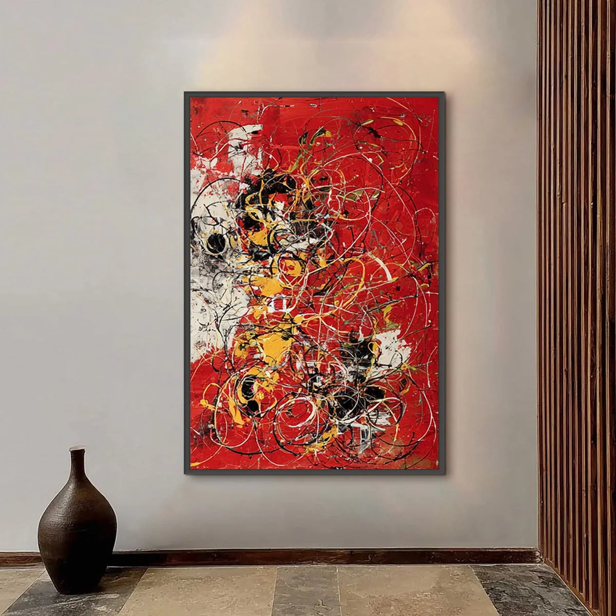 CRIMSON CHAOS: Large Vertical Red and Black Abstract Action Painting | gold frame stretched on neutral wall