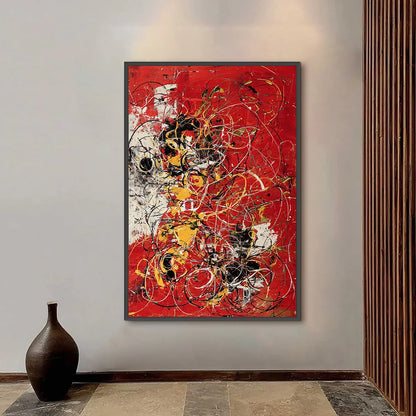 CRIMSON CHAOS: Large Vertical Red and Black Abstract Action Painting | gold frame stretched on neutral wall