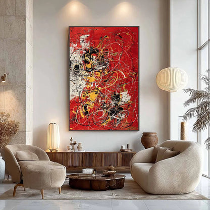 CRIMSON CHAOS: Large Vertical Red and Black Abstract Action Painting | black frame version on white wall