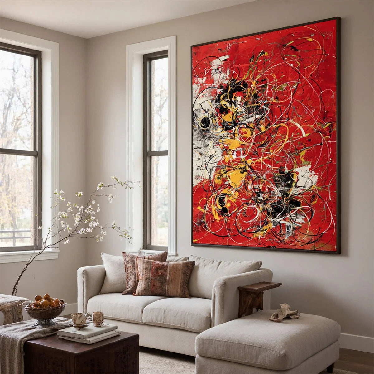CRIMSON CHAOS: Large Vertical Red and Black Abstract Action Painting | Abstract mood, soft natural light studio shot