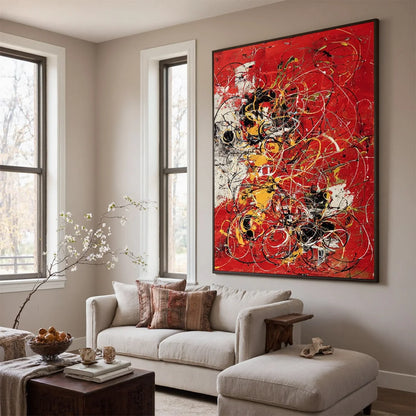 CRIMSON CHAOS: Large Vertical Red and Black Abstract Action Painting | Abstract mood, soft natural light studio shot