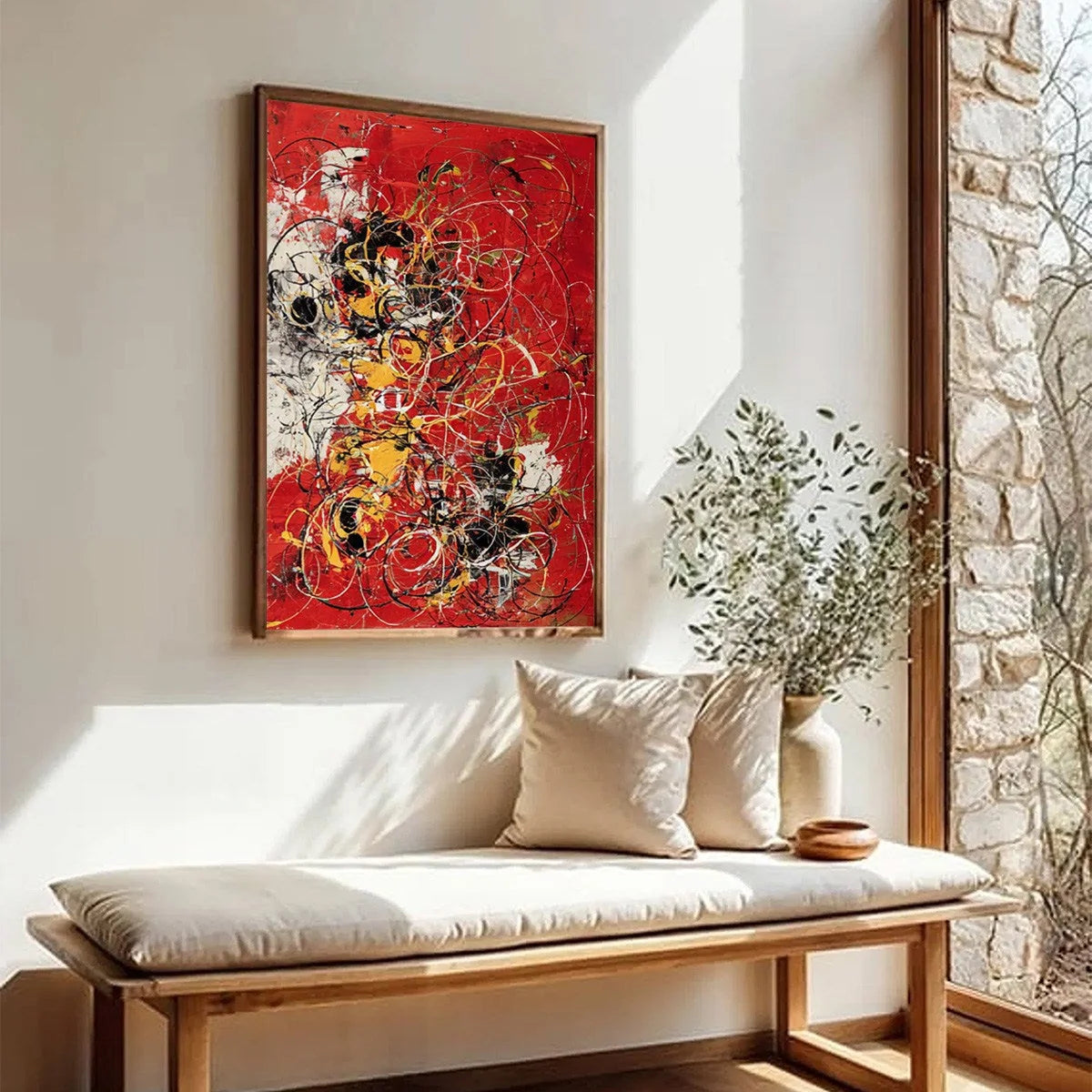 CRIMSON CHAOS: Large Vertical Red and Black Abstract Action Painting | beige palette, original Hand-painted on premium stretched canvas using artist-grade oils; rich layered surface combines smooth...