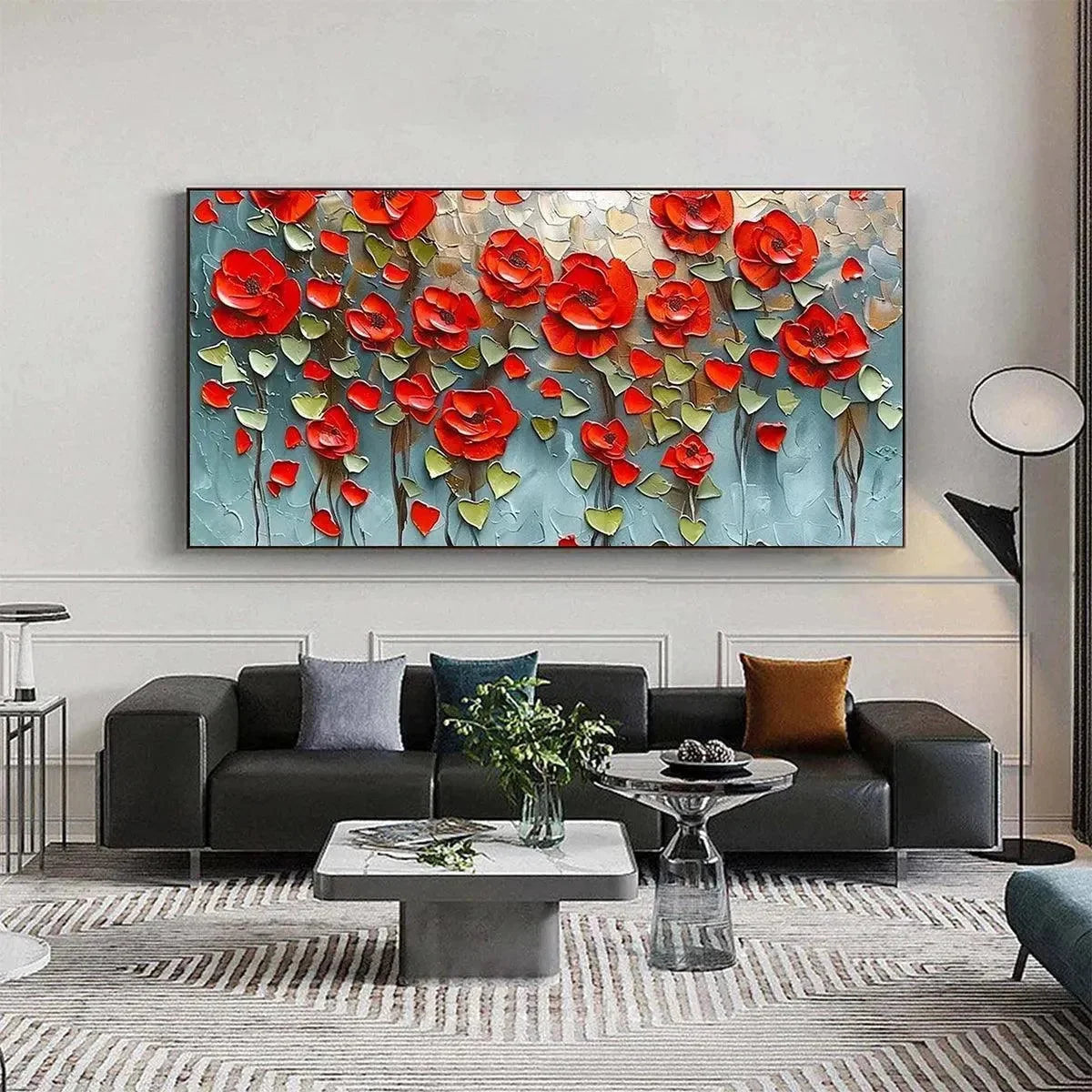 CRIMSON FIELD: Textured Impasto Red Poppy Field Painting | Abstract closeup, raised brushwork detail