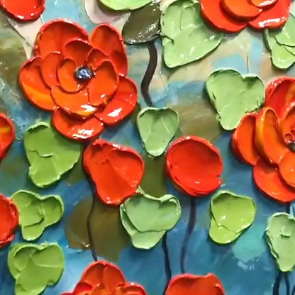 CRIMSON FIELD: Textured Impasto Red Poppy Field Painting | rectangular format, hand-painted canvas edge