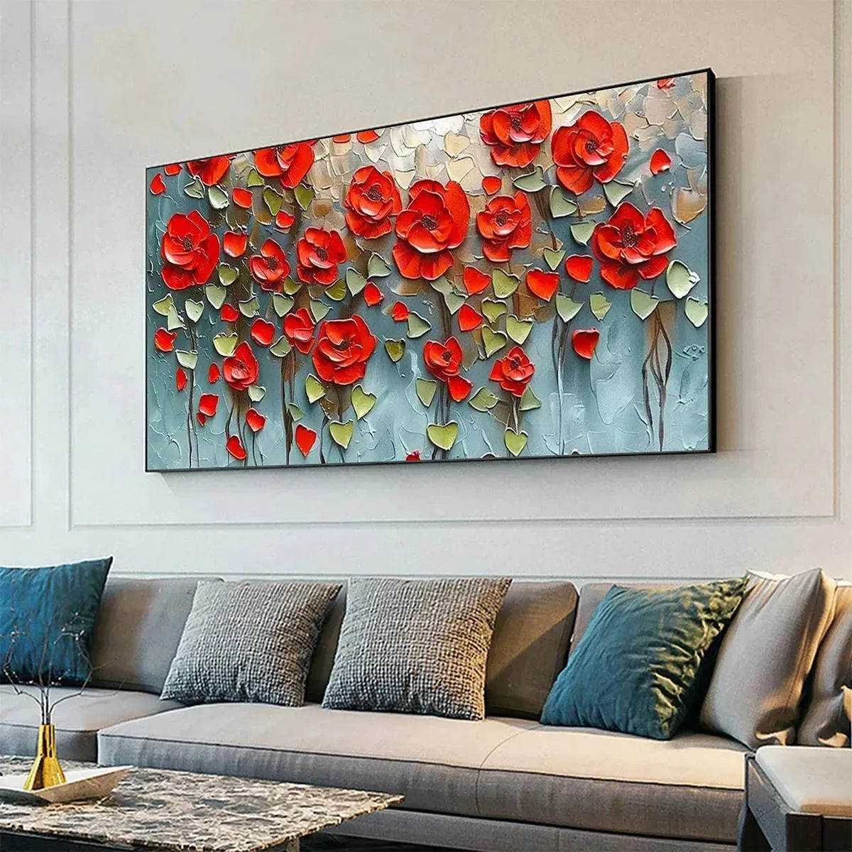 CRIMSON FIELD: Textured Impasto Red Poppy Field Painting | gold frame stretched on neutral wall