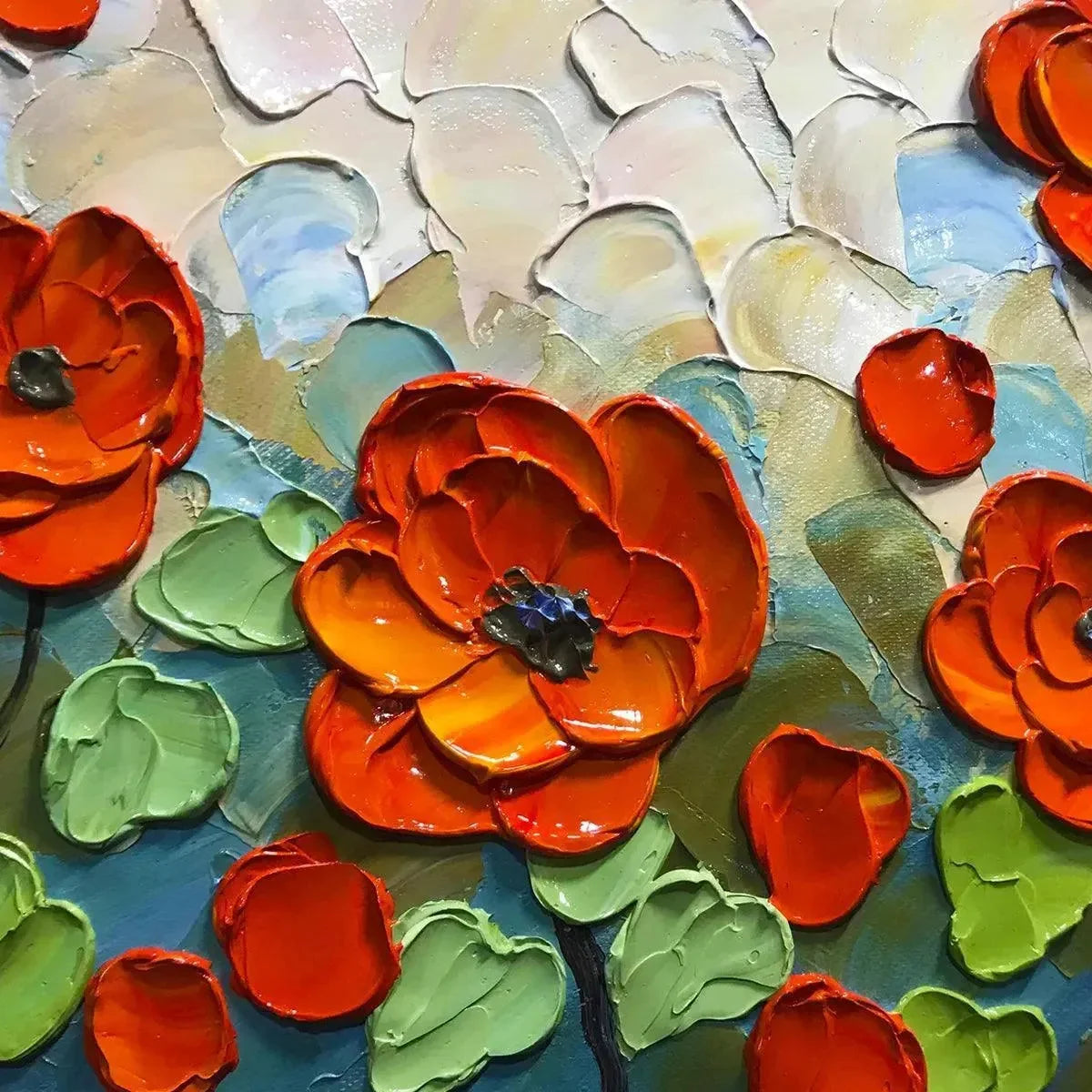 CRIMSON FIELD: Textured Impasto Red Poppy Field Painting | black frame version on white wall