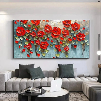 CRIMSON FIELD: Textured Impasto Red Poppy Field Painting | Abstract mood, soft natural light studio shot