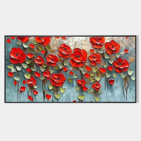 CRIMSON FIELD: Textured Impasto Red Poppy Field Painting | hanging in CRIMSON FIELD: Textured Impasto Red Poppy Field Painting featuring layered textured brushwork in refined tones; abstract compos...